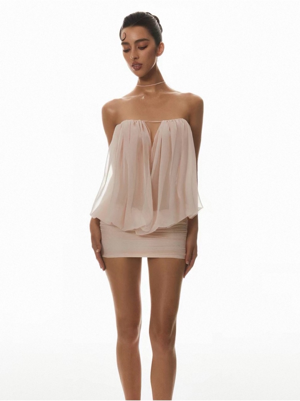 Strapless Blouson Mini Dress in Blush Pink